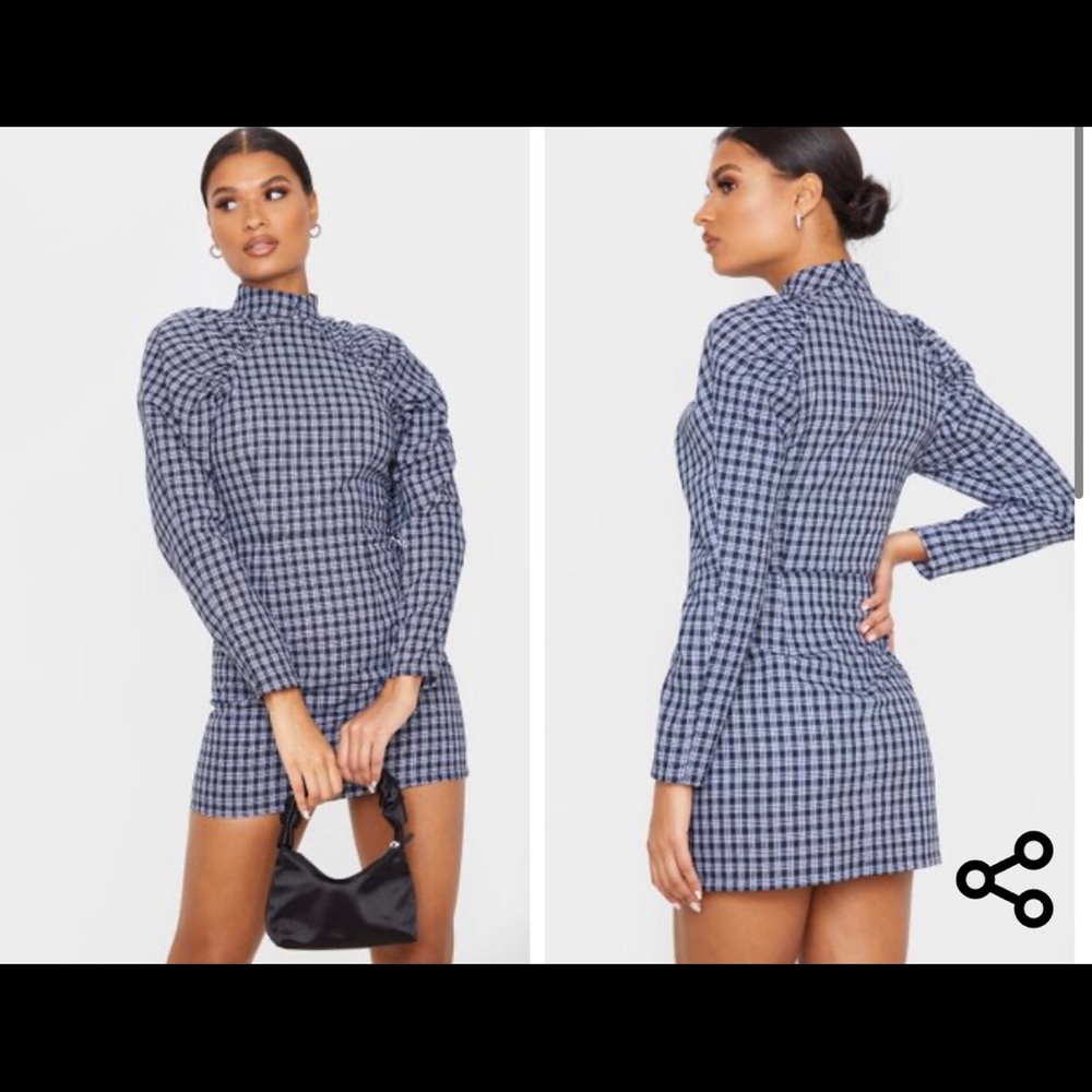 Navy Check Print High Neck Puff Shoulder Dress